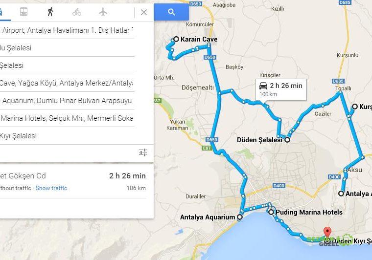 2 Günlük Antalya Turu, Antalya Gezi Planı, Antalya Gezisi Haritası